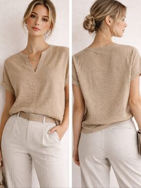 Beige Textured Blouse Minimalist Short Sleeve Top Neutral Capsule Size L
